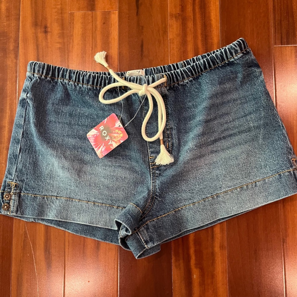 Roxy Denim Shorts Jean Relaxed Medium Wash Drawstring Elastic Waist New Medium